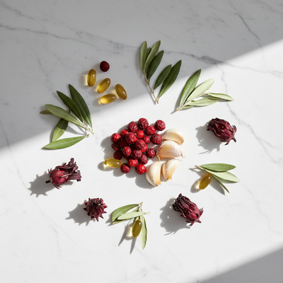 Natural ingredients in Pressure Guard: hawthorn berries, garlic, CoQ10, olive leaves
